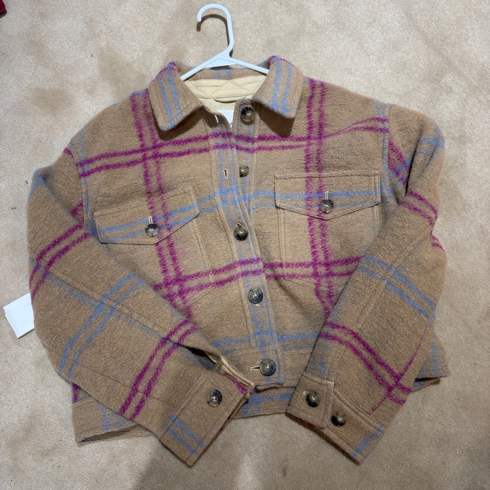 Aritzia Tan and Purple Plaid Jean Jacket